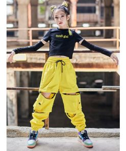 キッズ ダンス 衣装 へそ出し イエロー カーゴパンツ ヒップホップ 黒シャツ 女の子 ブラック 長袖 ロングパンツ ズボン トップス HIPHOP ジャズダンス 子供 ス