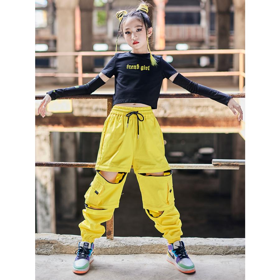 キッズ ダンス 衣装 へそ出し イエロー カーゴパンツ ヒップホップ 黒シャツ 女の子 ブラック 長袖 ロングパンツ ズボン トップス HIPHOP ジャズダンス 子供 ス