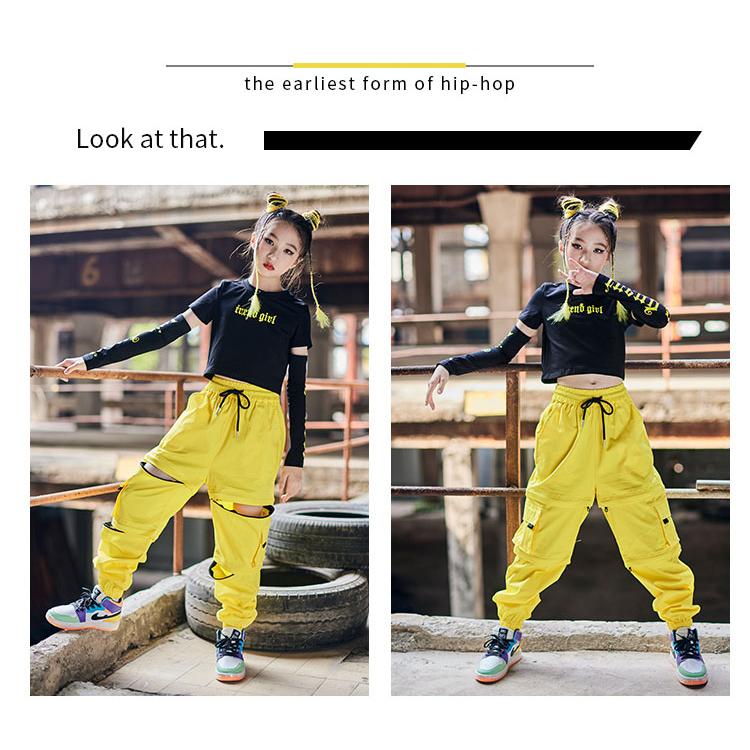 キッズ ダンス 衣装 へそ出し イエロー カーゴパンツ ヒップホップ 黒シャツ 女の子 ブラック 長袖 ロングパンツ ズボン トップス HIPHOP ジャズダンス 子供 ス - 画像 (2)