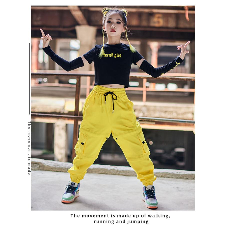キッズ ダンス 衣装 へそ出し イエロー カーゴパンツ ヒップホップ 黒シャツ 女の子 ブラック 長袖 ロングパンツ ズボン トップス HIPHOP ジャズダンス 子供 ス - 画像 (3)