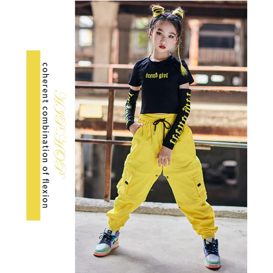 キッズ ダンス 衣装 へそ出し イエロー カーゴパンツ ヒップホップ 黒シャツ 女の子 ブラック 長袖 ロングパンツ ズボン トップス HIPHOP ジャズダンス 子供 ス - 画像 (4)