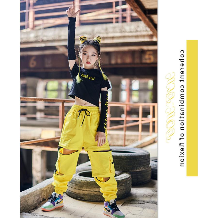 キッズ ダンス 衣装 へそ出し イエロー カーゴパンツ ヒップホップ 黒シャツ 女の子 ブラック 長袖 ロングパンツ ズボン トップス HIPHOP ジャズダンス 子供 ス - 画像 (5)
