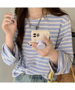 アドティエ ad thie ワイドスリーブ ボーダーロングTシャツ (ライトブルー)