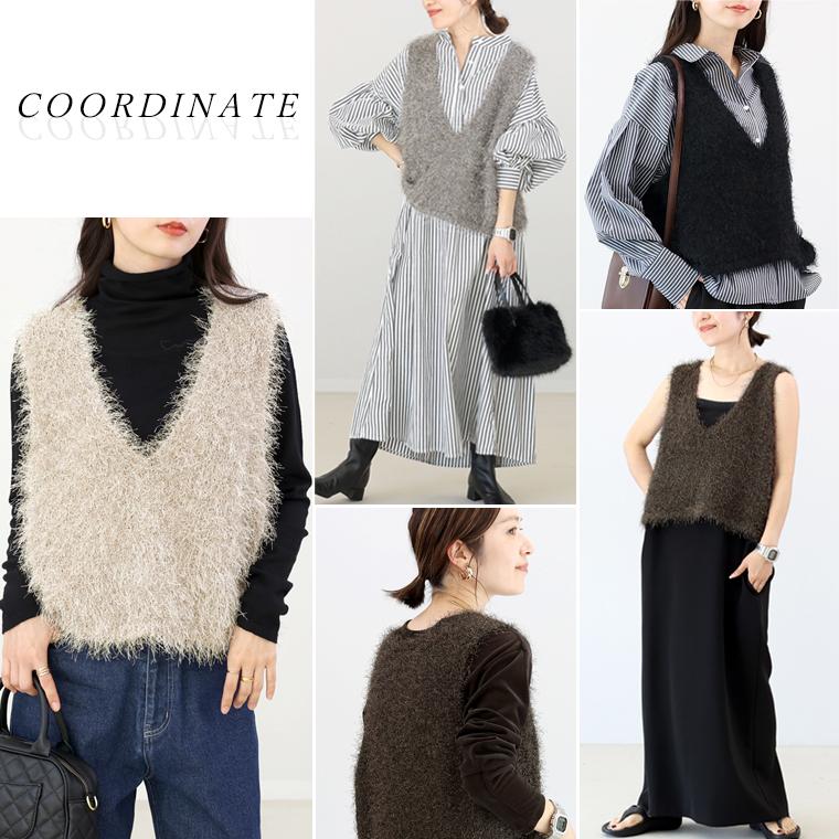 Aletta vita ベスト ニット Vネック 深V フェザー レイヤード 重ね着 ダンスフェザー 艶 伸縮 30代 40代 レディース フェザーヤーンVネックニットベスト メール便不可 - 画像 (6)