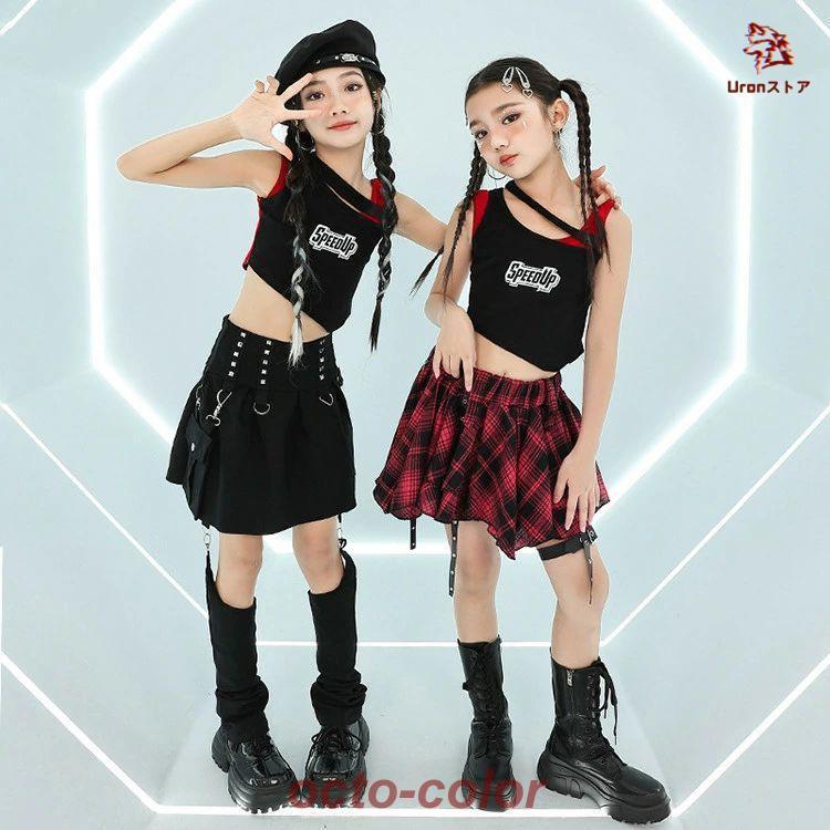 黒 赤 ブラック チェック柄 タンクトップ スカート 黒スカート ショート丈 女の子 jazz チア チアガール 韓国k-pop キッズ ダンス衣装 セットアップ おしゃれ ぴ - 画像 (5)