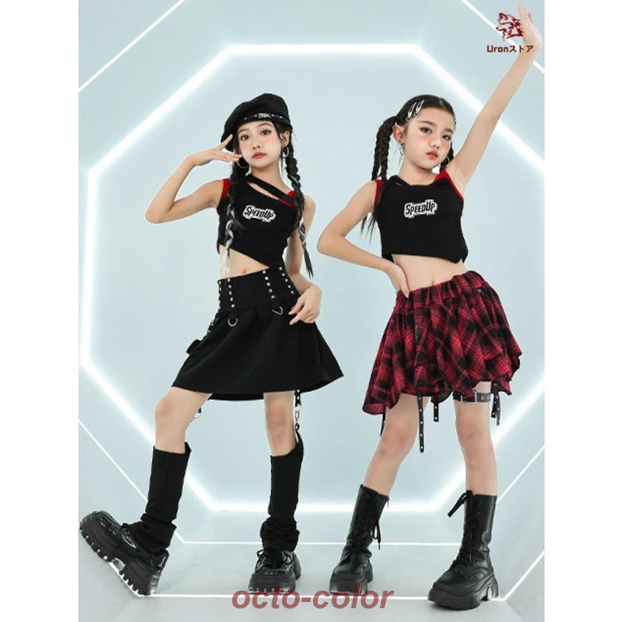 黒 赤 ブラック チェック柄 タンクトップ スカート 黒スカート ショート丈 女の子 jazz チア チアガール 韓国k-pop キッズ ダンス衣装 セットアップ おしゃれ ぴ - 画像 (7)