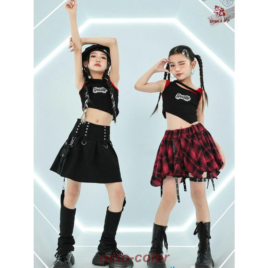 黒 赤 ブラック チェック柄 タンクトップ スカート 黒スカート ショート丈 女の子 jazz チア チアガール 韓国k-pop キッズ ダンス衣装 セットアップ おしゃれ ぴ - 画像 (8)