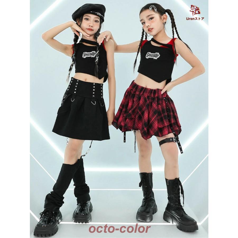 黒 赤 ブラック チェック柄 タンクトップ スカート 黒スカート ショート丈 女の子 jazz チア チアガール 韓国k-pop キッズ ダンス衣装 セットアップ おしゃれ ぴ - 画像 (9)