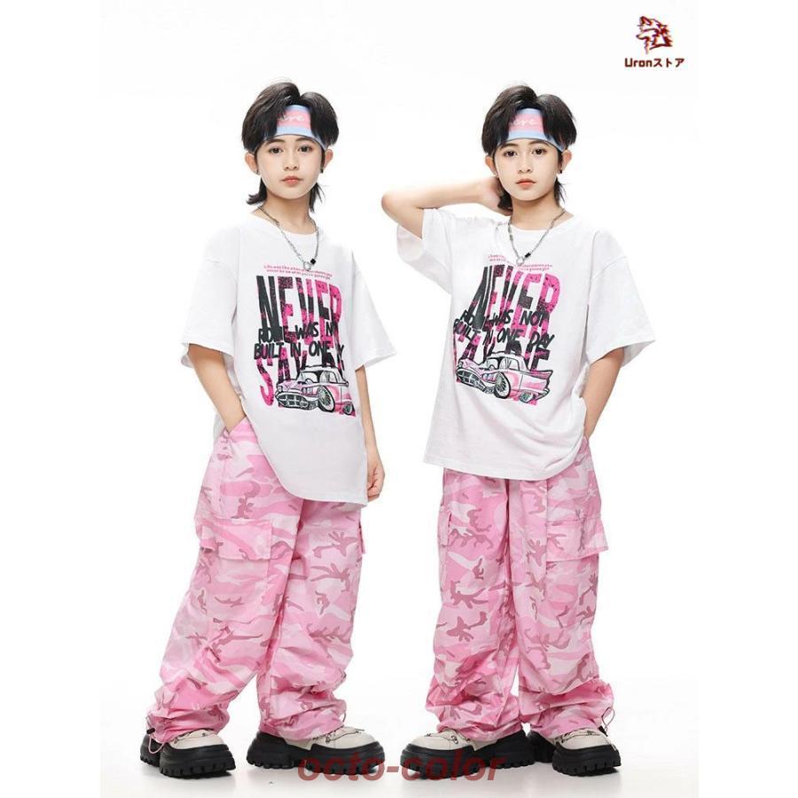 白 Tシャツ 迷彩 ピンク カーゴパンツ キッズ ダンス衣装 セットアップ 上下セット おしゃれ 女の子 男の子 子供 かっこいい かわいい 半袖 トップス カジュアル - 画像 (2)