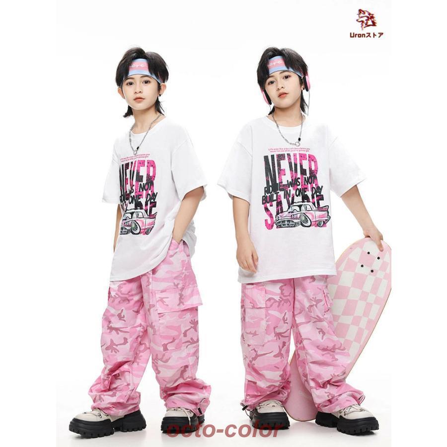 白 Tシャツ 迷彩 ピンク カーゴパンツ キッズ ダンス衣装 セットアップ 上下セット おしゃれ 女の子 男の子 子供 かっこいい かわいい 半袖 トップス カジュアル - 画像 (3)