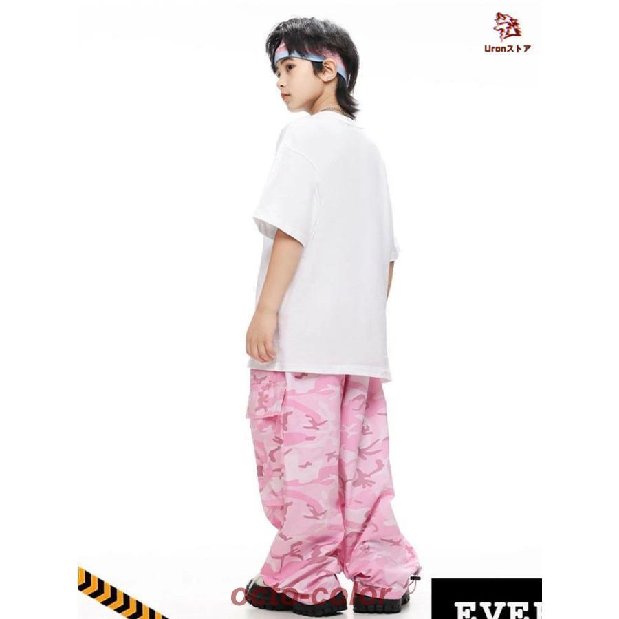 白 Tシャツ 迷彩 ピンク カーゴパンツ キッズ ダンス衣装 セットアップ 上下セット おしゃれ 女の子 男の子 子供 かっこいい かわいい 半袖 トップス カジュアル - 画像 (8)