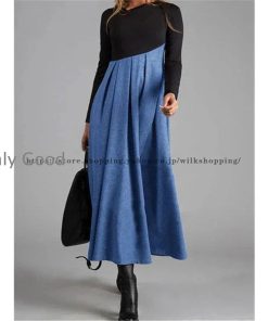 ロングワンピース レディース ワンピース ロング丈 秋 冬 バイカラー 長袖 Vネック 体型カバー 上品 OL シンプル 40代 50代