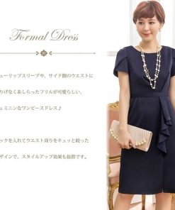 KOEISTORE パーティードレス レディース 結婚式 ワンピドレス 半袖 ワンピース 大人 フリル ママ 母 ミディアム ネイビー 結婚式ドレス 20代 30代 40代 S M L 送料無料