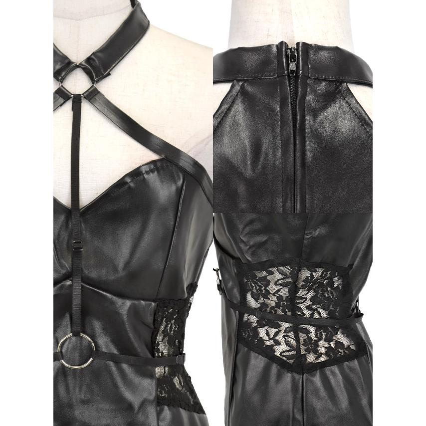 Tika ハロウィン かわいい バニー コスプレ 衣装 バニーガール ブラック レザー ハイレグ 巻きスカート セクシー 5点セット - 画像 (8)