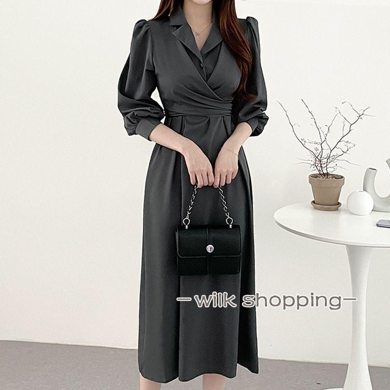 ワンピース レディース ゆったり ロング Aライン 秋 冬 40代 50代 長袖 着痩せ 切り替え レイヤード風 シンプル ナチュラル 無地 - 画像 (6)