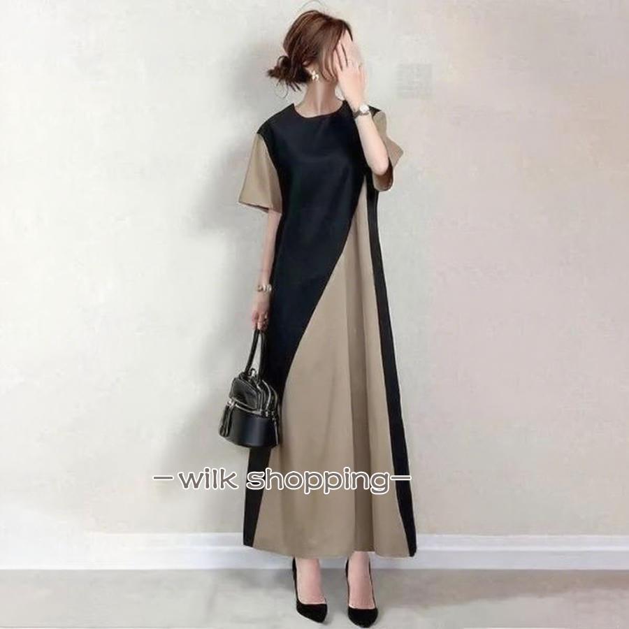 ワンピース 半袖 バイカラー 丸首 aラインワンピース 切替ワンピース ロングワンピース 切り替え 大人きれいめ 通勤 お呼ばれ リゾート 旅行 サマー ビーチ シン