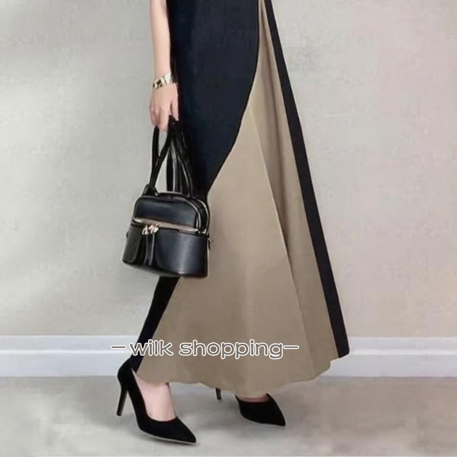 ワンピース 半袖 バイカラー 丸首 aラインワンピース 切替ワンピース ロングワンピース 切り替え 大人きれいめ 通勤 お呼ばれ リゾート 旅行 サマー ビーチ シン - 画像 (4)