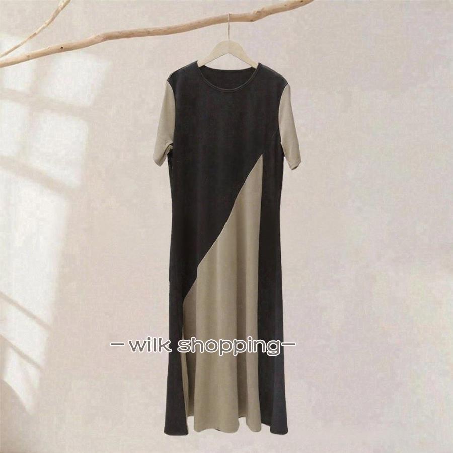 ワンピース 半袖 バイカラー 丸首 aラインワンピース 切替ワンピース ロングワンピース 切り替え 大人きれいめ 通勤 お呼ばれ リゾート 旅行 サマー ビーチ シン - 画像 (5)