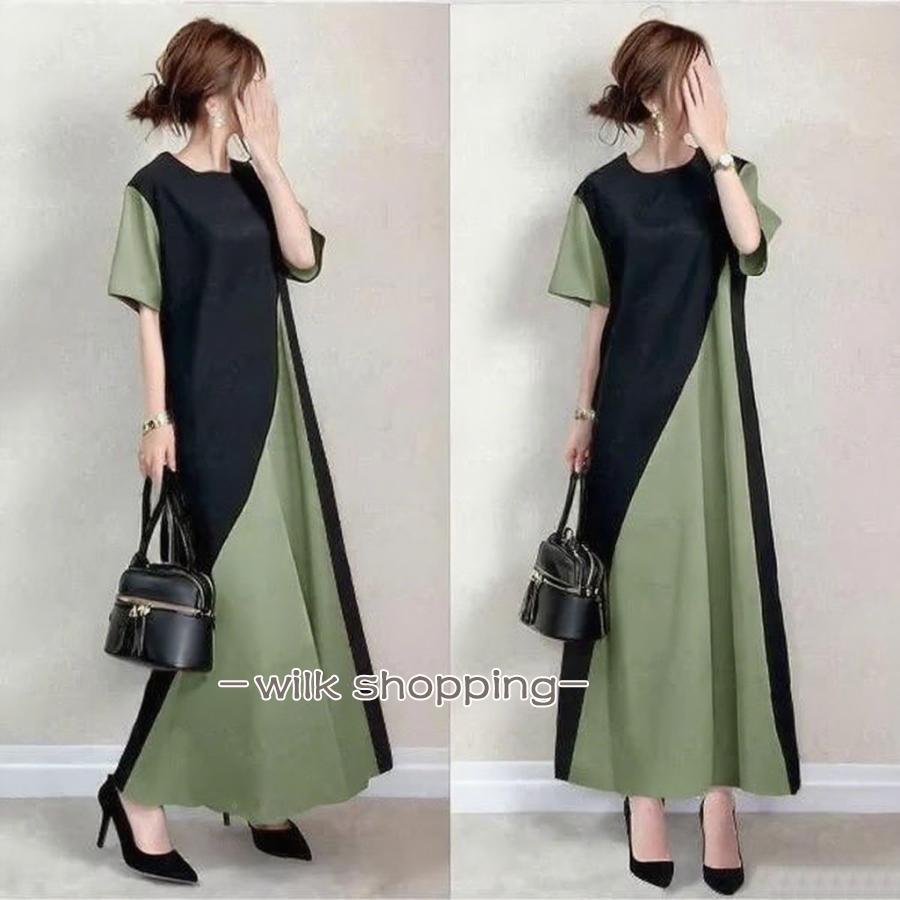 ワンピース 半袖 バイカラー 丸首 aラインワンピース 切替ワンピース ロングワンピース 切り替え 大人きれいめ 通勤 お呼ばれ リゾート 旅行 サマー ビーチ シン - 画像 (6)