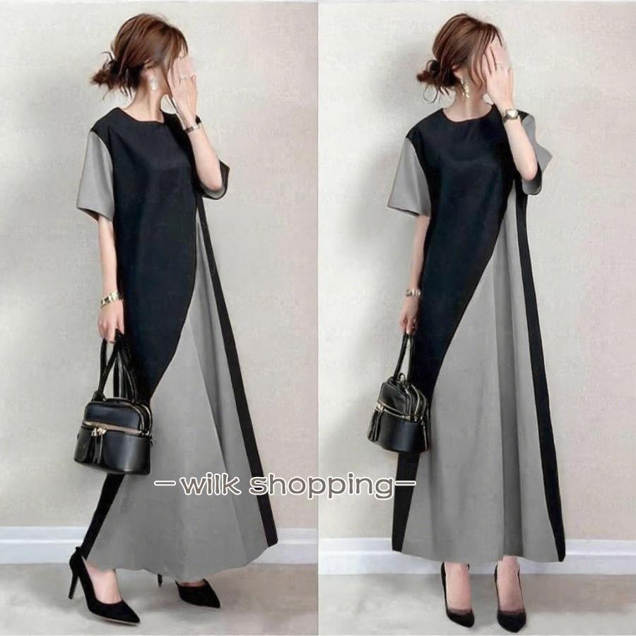 ワンピース 半袖 バイカラー 丸首 aラインワンピース 切替ワンピース ロングワンピース 切り替え 大人きれいめ 通勤 お呼ばれ リゾート 旅行 サマー ビーチ シン - 画像 (7)