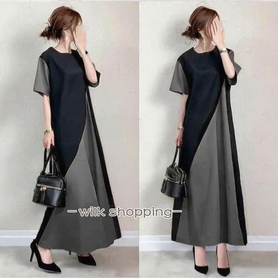 ワンピース 半袖 バイカラー 丸首 aラインワンピース 切替ワンピース ロングワンピース 切り替え 大人きれいめ 通勤 お呼ばれ リゾート 旅行 サマー ビーチ シン - 画像 (8)